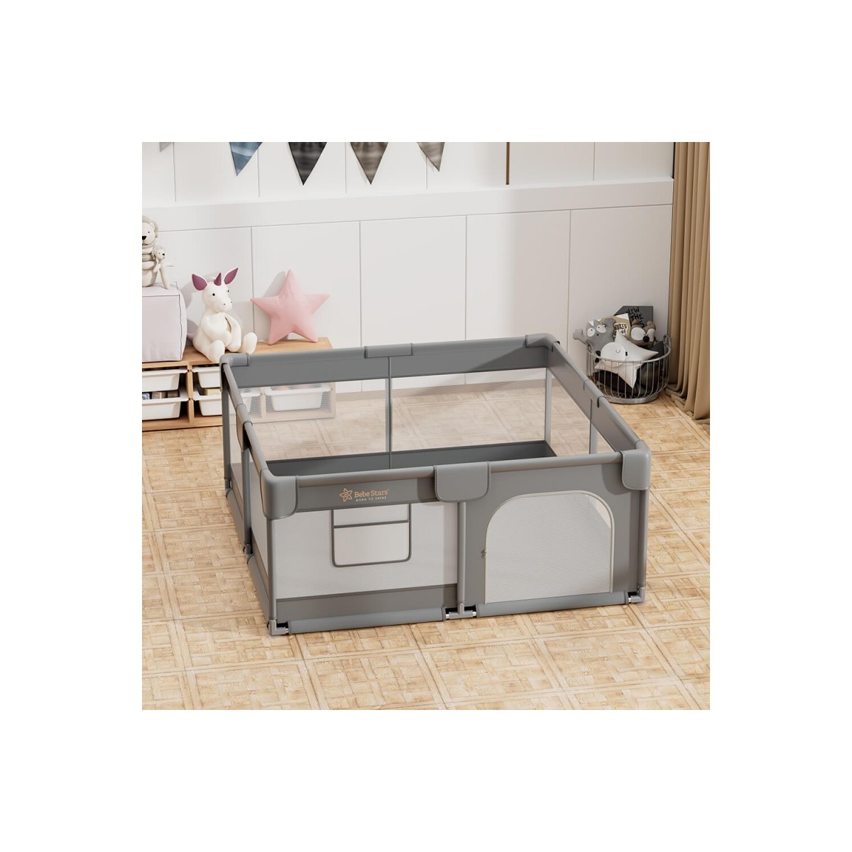 Παρκοκρέβατο Bebe Stars τετράγωνο 150×150 Playzen Grey 