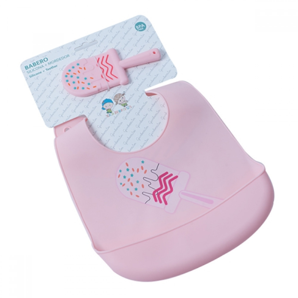 Σαλιάρα Σιλικόνης Gamberritos με Μασητικό Ice cream Ροζ