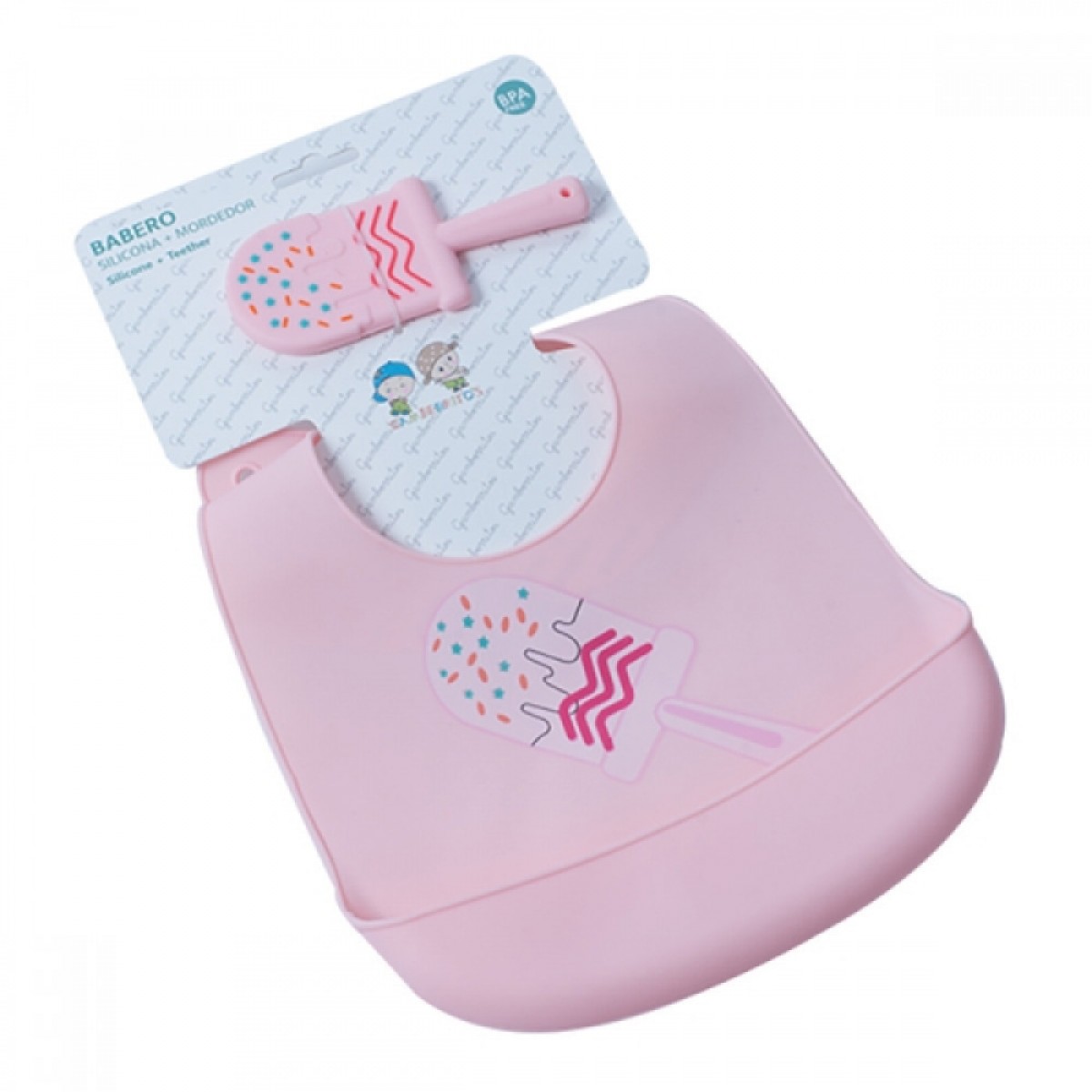 Σαλιάρα Σιλικόνης Gamberritos με Μασητικό Ice cream Ροζ