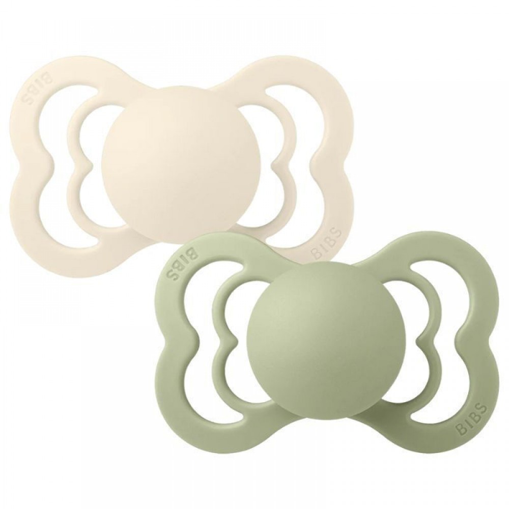 Bibs Πιπίλες Σιλικόνης No2 για  6-18 μηνών  Supreme  IVORY/SAGE συμμετρική 2τμχ 