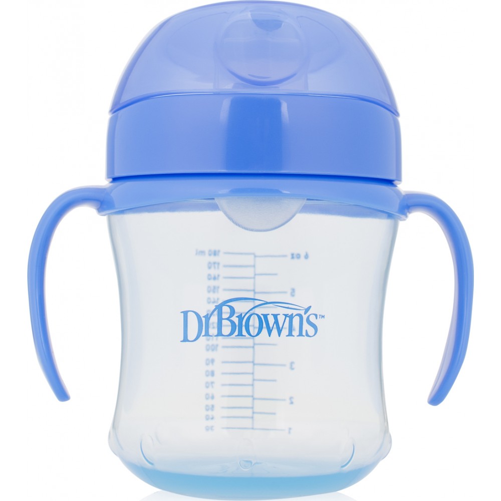 Dr Browns Κύπελλο με μαλακό Στόμιο με Καπάκι & Λαβές 6m+ Μπλε 180ml