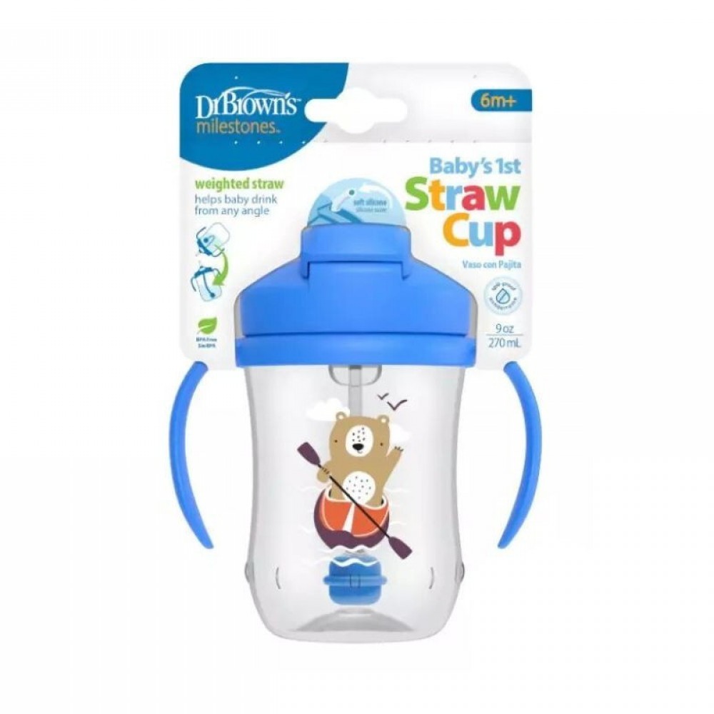 Κύπελλο 270ml με εύπλαστο καλαμάκι DR BROWN’S Baby’s First Straw Cup,  Μπλε Αρκούδα 