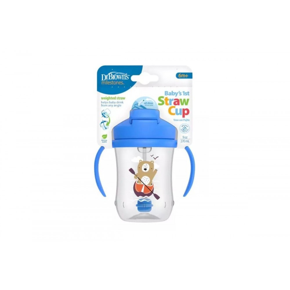 Κύπελλο 270ml με εύπλαστο καλαμάκι DR BROWN’S Baby’s First Straw Cup,  Μπλε Αρκούδα 