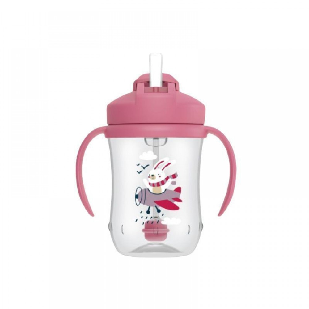Κύπελλο 270ml με εύπλαστο καλαμάκι DR BROWN’S Baby’s First Straw Cup, Ροζ Παπάκι