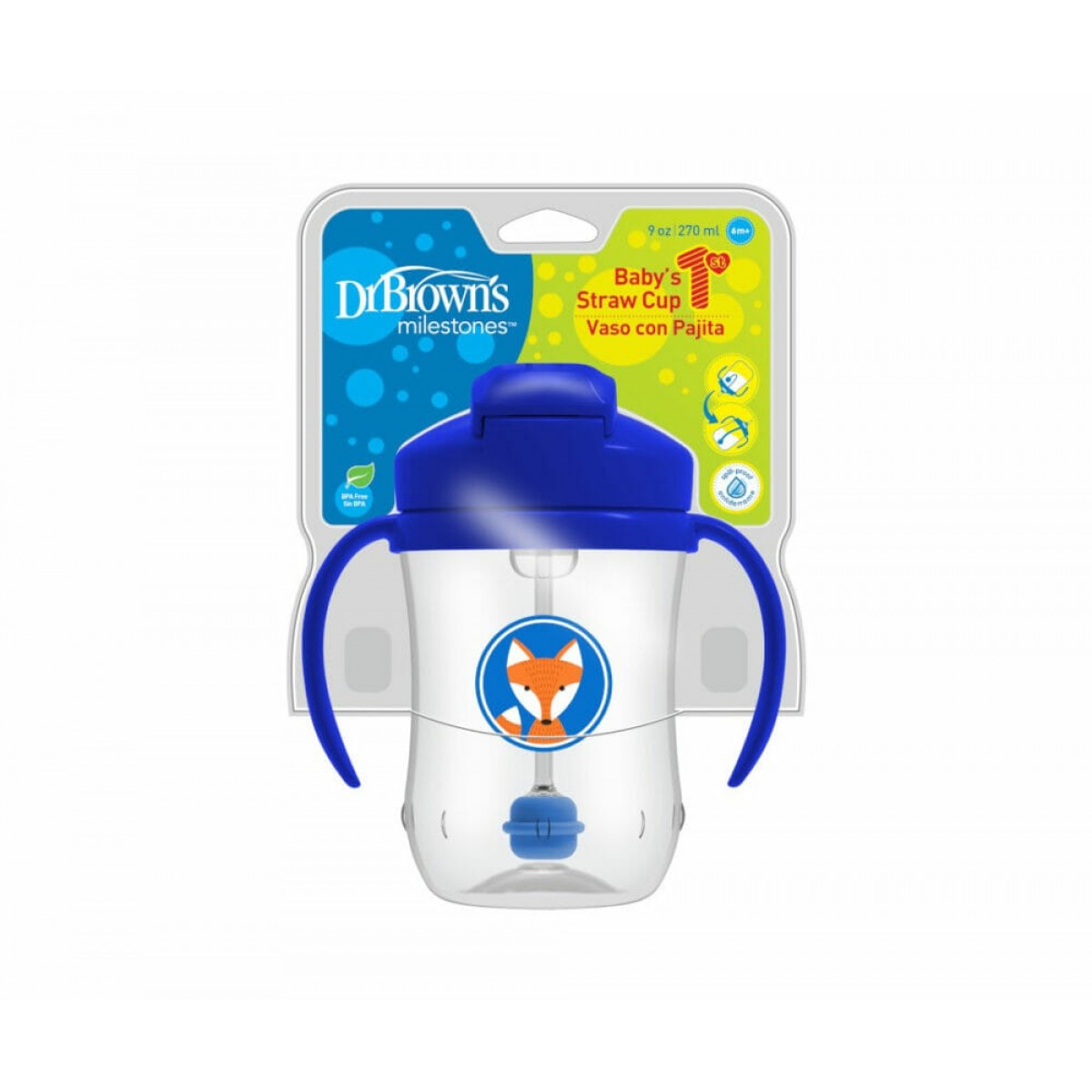 Κύπελλο 270ml με εύπλαστο καλαμάκι DR BROWN’S Baby’s First Straw Cup, Μπλε Αλεπού