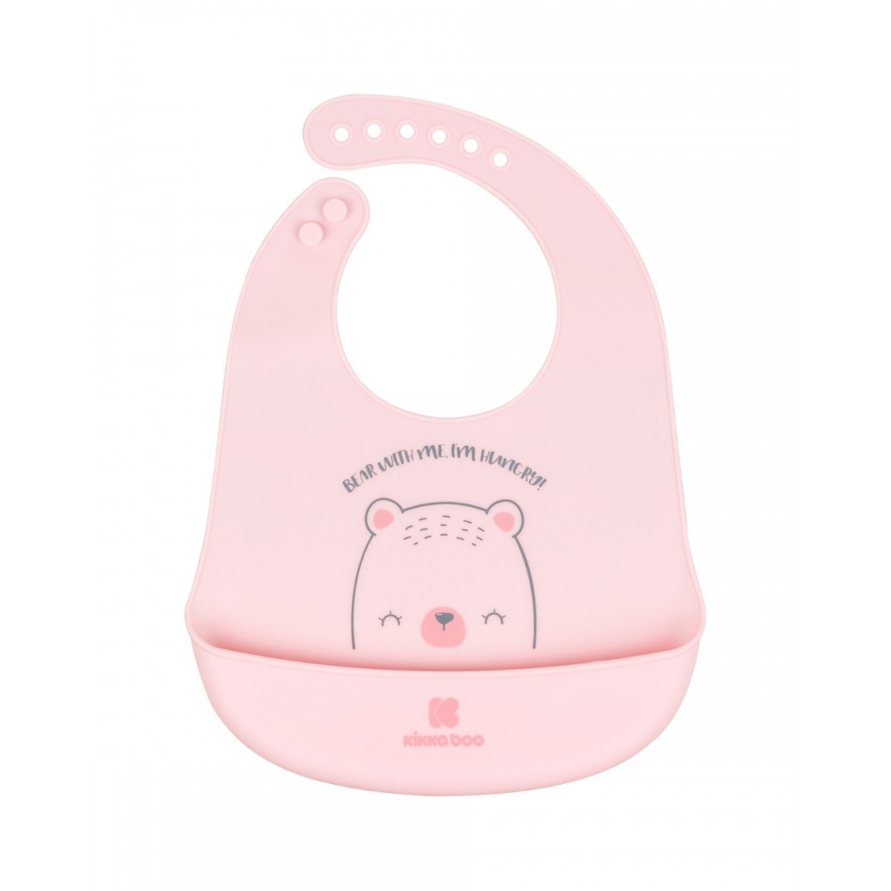 Σαλιάρα Σιλικόνης με Τσέπη Bear With Me Ροζ Kikkaboo