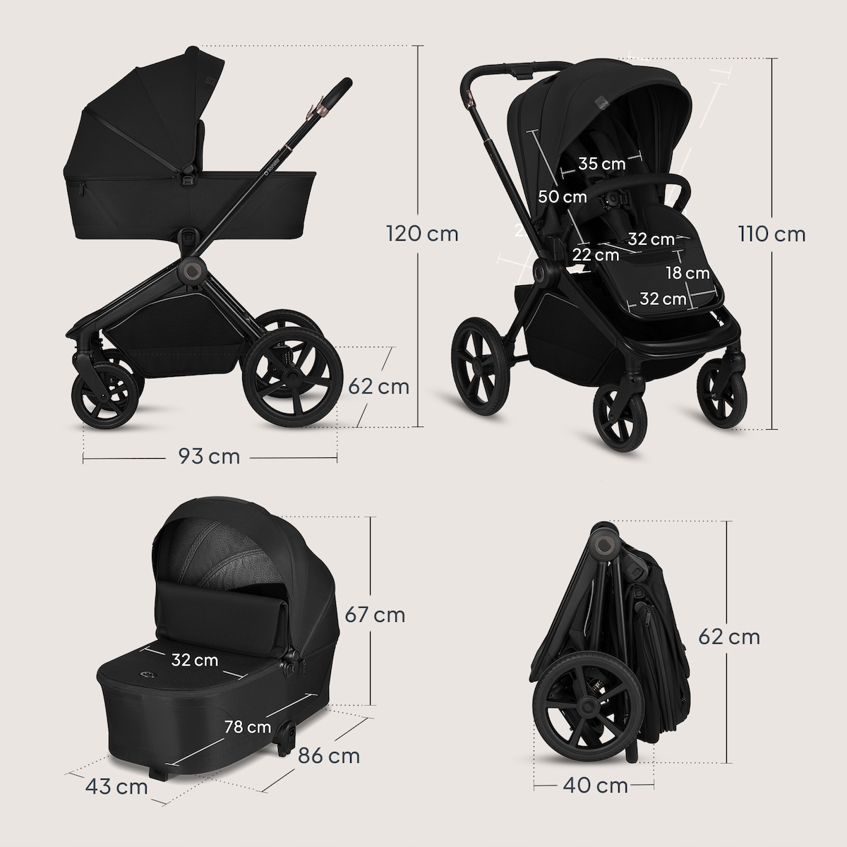 Πολυκαρότσι Lionelo Freya 3 σε 1 έως 22kg με αναδιπλούμενο Πορτ-Μπεμπέ Black