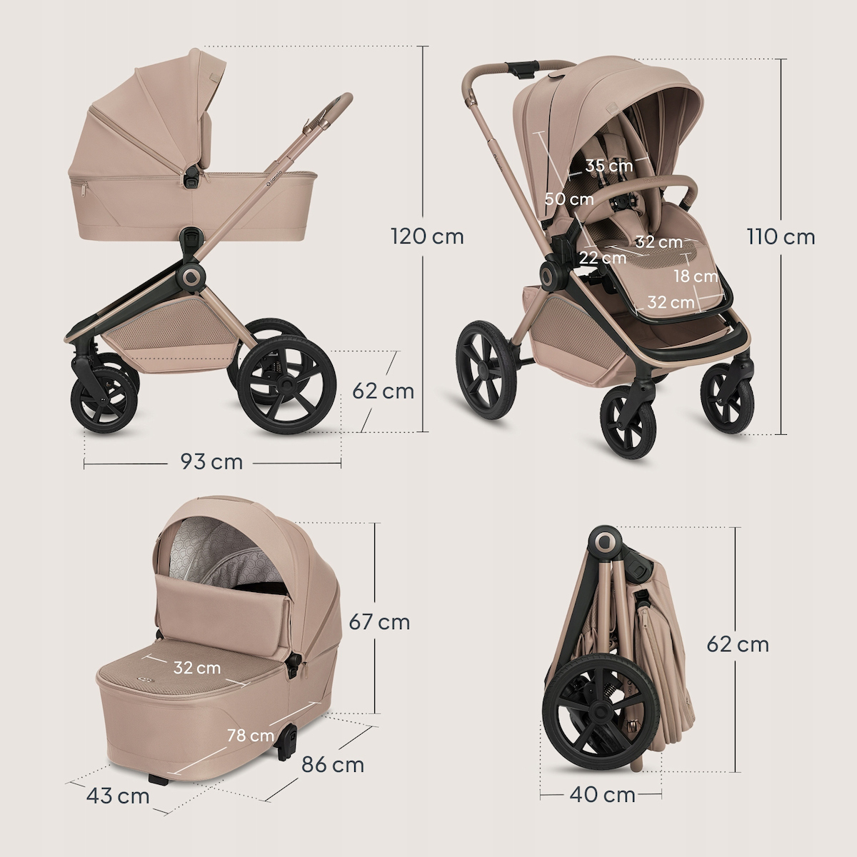 Πολυκαρότσι Lionelo Freya 3 σε 1 έως 22kg με αναδιπλούμενο Πορτ-Μπεμπέ Beige Sand