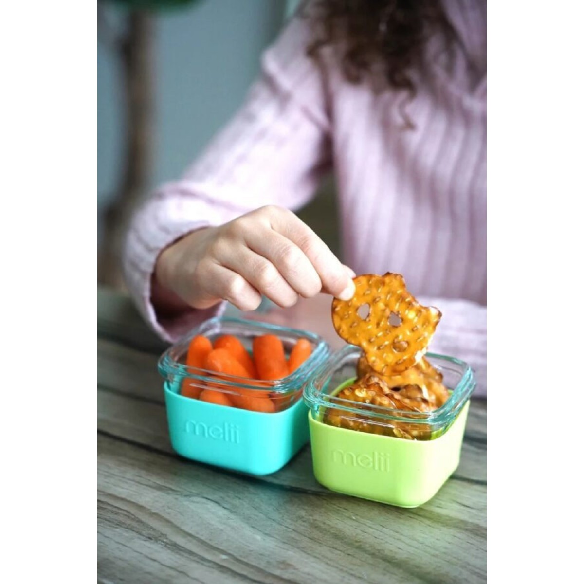 Melii Γυάλινα Δοχεία Φαγητού & Σνακ σε Θήκες Σιλικόνης 3τμχ. 160ml Mint-Lime-Blue