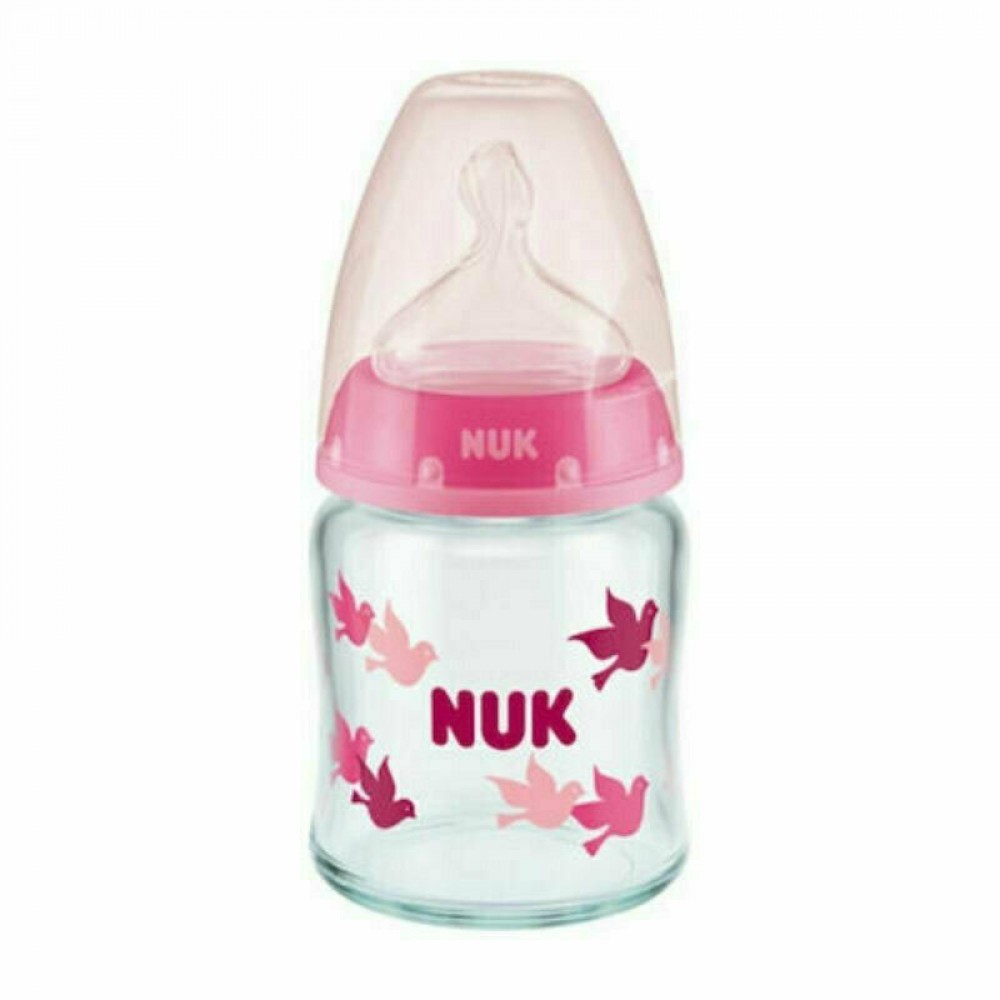 Nuk First Choice Plus Μπιμπερό Γυάλινο με Θηλή Σιλικόνης 0-6m Ροζ με Δείκτη Ελέγχου Θερμοκρασίας 120ml