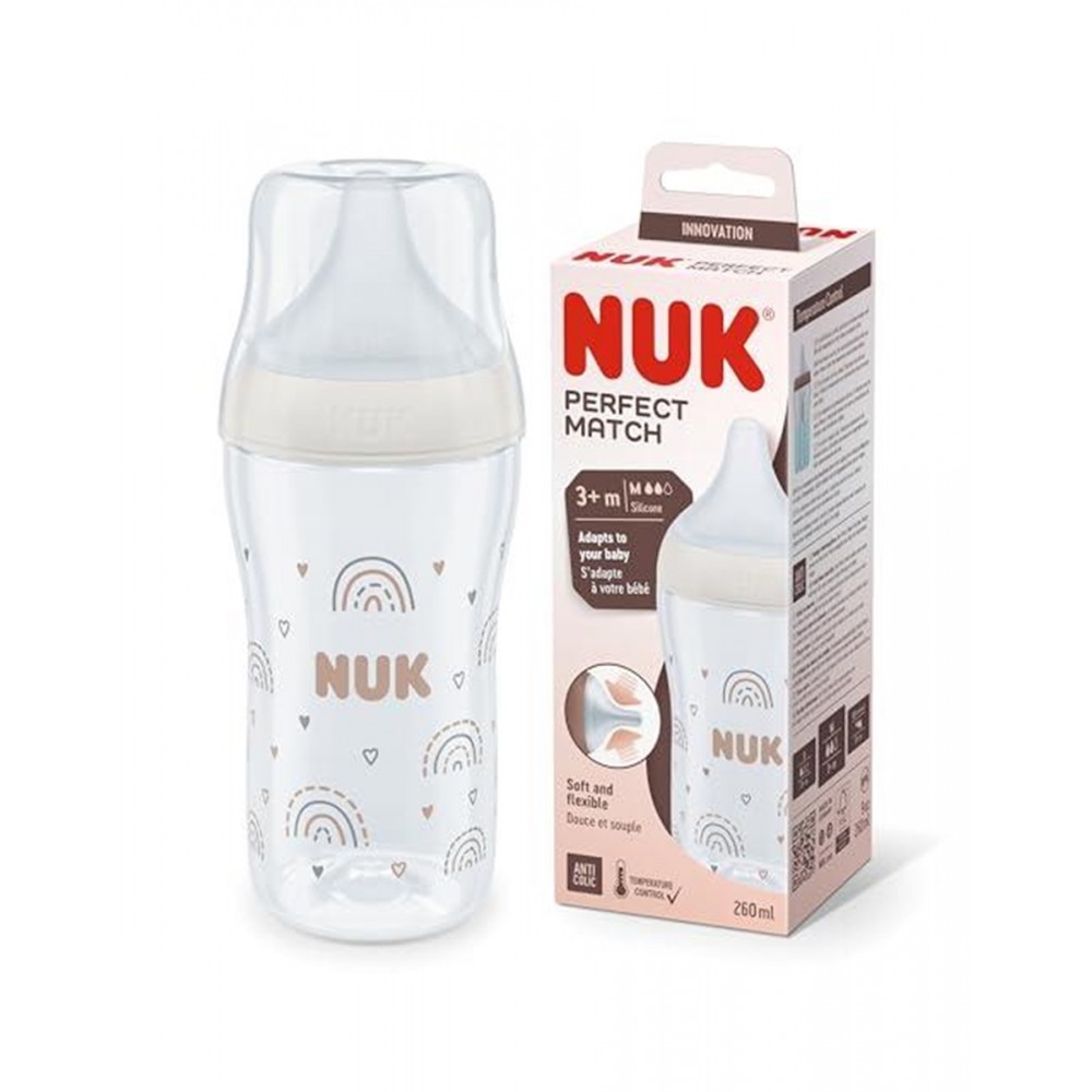 NUK Perfect Match Πλαστικό Μπιμπερό Κατά των Κολικών με Θηλή Σιλικόνης & Δείκτη Θερμοκρασίας για 0+ μηνών 230ml - Ουράνιο Τόξο