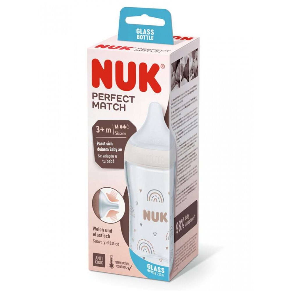 NUK Perfect Match Γυάλινο Μπιμπερό Κατά των Κολικών με Θηλή Σιλικόνης & Δείκτη Θερμοκρασίας για 0+ μηνών 230ml - Ουράνιο Τόξο
