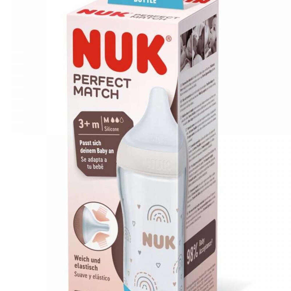 NUK Perfect Match Γυάλινο Μπιμπερό Κατά των Κολικών με Θηλή Σιλικόνης & Δείκτη Θερμοκρασίας για 0+ μηνών 230ml - Ουράνιο Τόξο