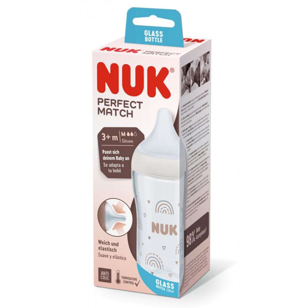 NUK Perfect Match Γυάλινο Μπιμπερό Κατά των Κολικών με Θηλή Σιλικόνης & Δείκτη Θερμοκρασίας για 0+ μηνών 230ml - Ουράνιο Τόξο