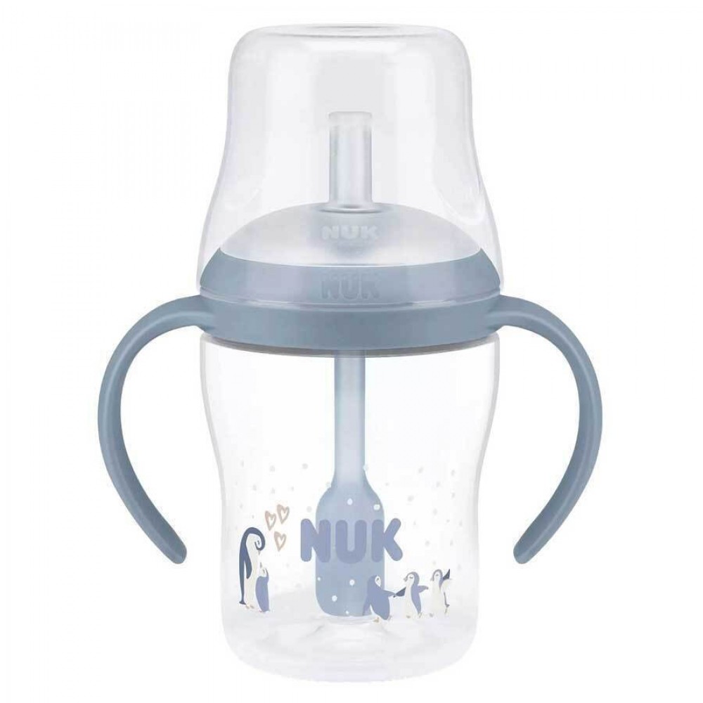 Nuk Perfect Match Εκπαιδευτικό Ποτήρι Με Καλαμάκι Σιλικόνης 8m+ Μπλε Πιγκουίνος 150ml