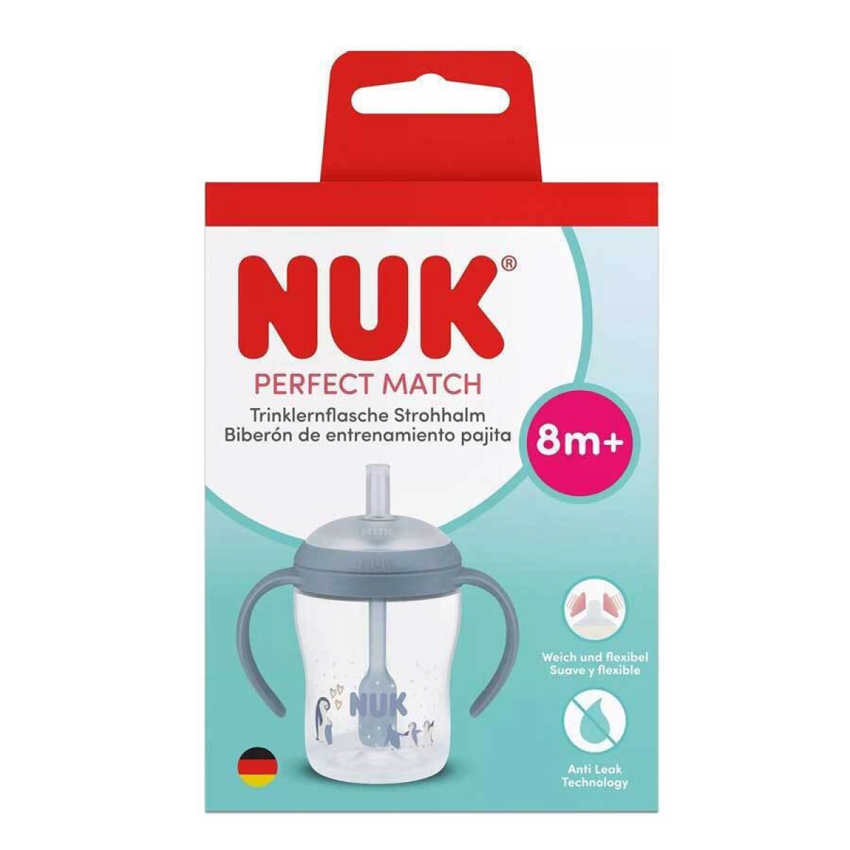 Nuk Perfect Match Εκπαιδευτικό Ποτήρι Με Καλαμάκι Σιλικόνης 8m+ Μπλε Πιγκουίνος 150ml