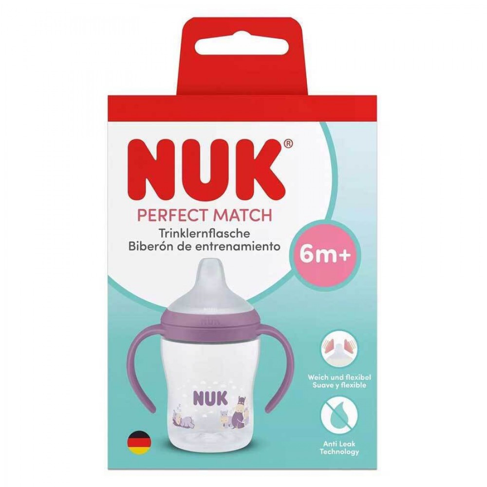 Nuk Perfect Match Εκπαιδευτικό Μπιμπερό με Στόμιο Σιλικόνης & 2 Λαβές για 6+ Μηνών  Ιπποπόταμος Μωβ  , 150ml