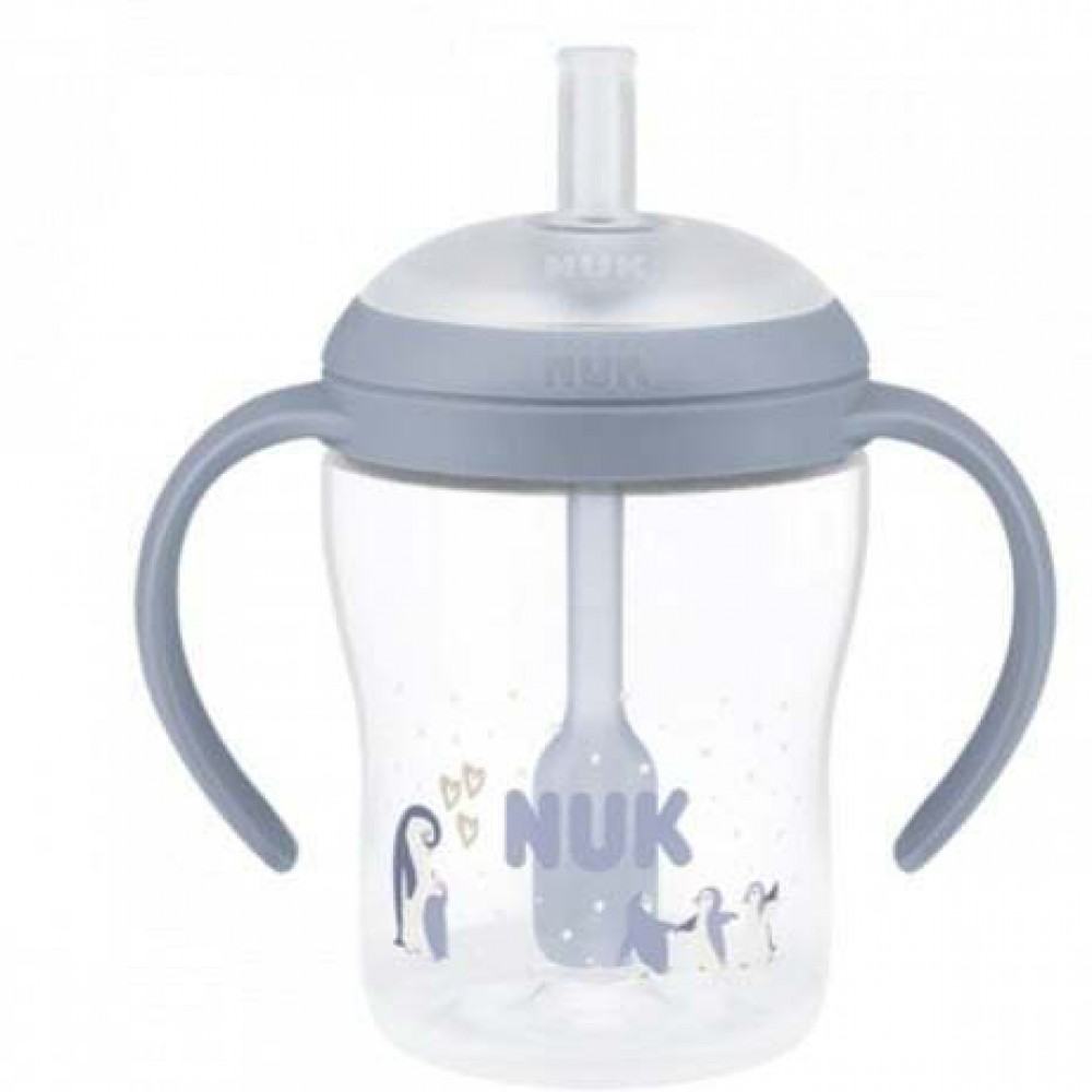 Nuk Perfect Match Εκπαιδευτικό Ποτήρι Με Καλαμάκι Σιλικόνης 8m+ Μπλε Πιγκουίνος 150ml