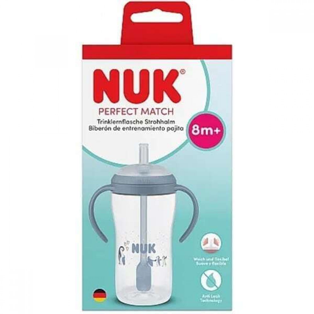 Nuk Perfect Match Εκπαιδευτικό Ποτήρι με Καλαμάκι Σιλικόνης 8m+ Μπλε Πιγκουίνος  260ml 