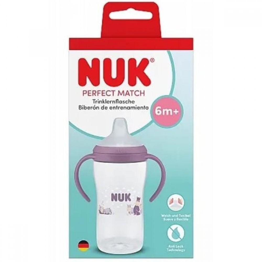 Nuk Perfect Match Εκπαιδευτικό Μπιμπερό με Στόμιο Σιλικόνης & 2 Λαβές για 6+ Μηνών  Ιπποπόταμος Μωβ 260ml