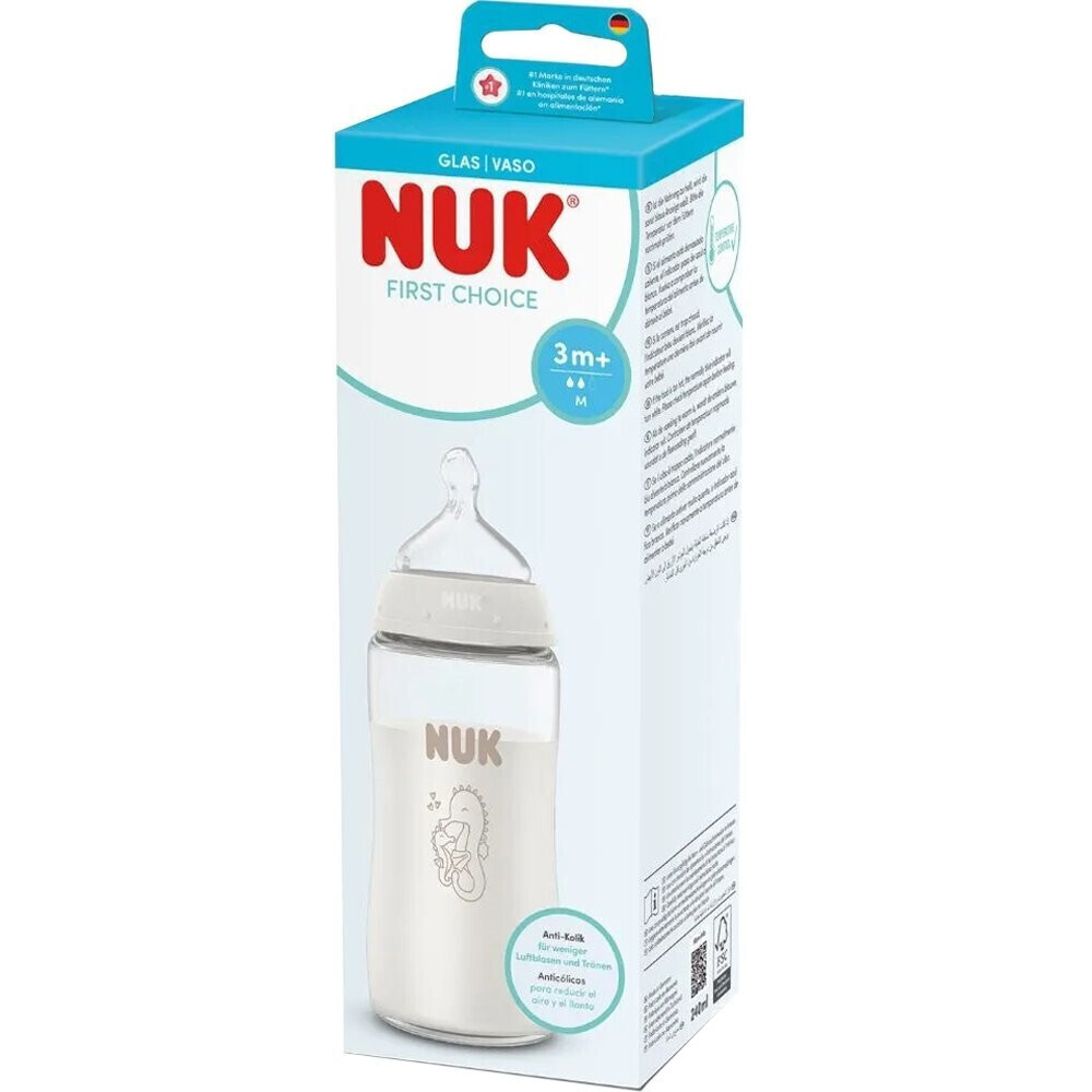 NUK First Choice Plus Γυάλινο Μπιμπερό Θηλή Σιλικόνης Medium 3+ Μηνών Με Δείκτη Ελέγχου Θερμοκρασίας Ιππόκαμπος 240ml 