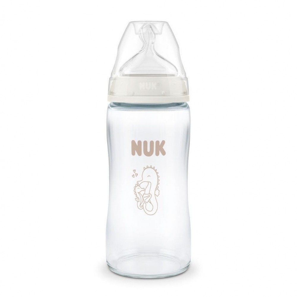 NUK First Choice Plus Γυάλινο Μπιμπερό Θηλή Σιλικόνης Medium 3+ Μηνών Με Δείκτη Ελέγχου Θερμοκρασίας Ιππόκαμπος 240ml 