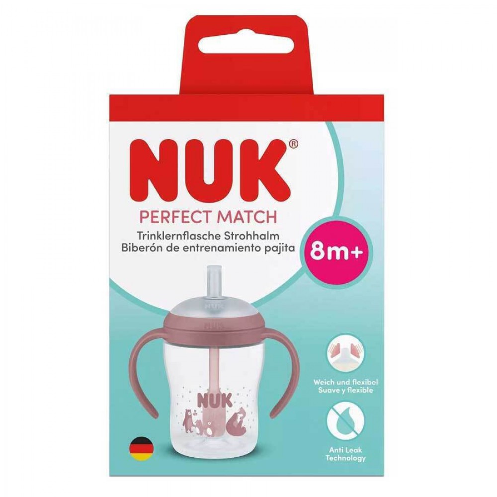 Nuk Perfect Match Εκπαιδευτικό Ποτήρι Με Καλαμάκι Σιλικόνης 8m+ Αρκούδα Ροζ 150ml