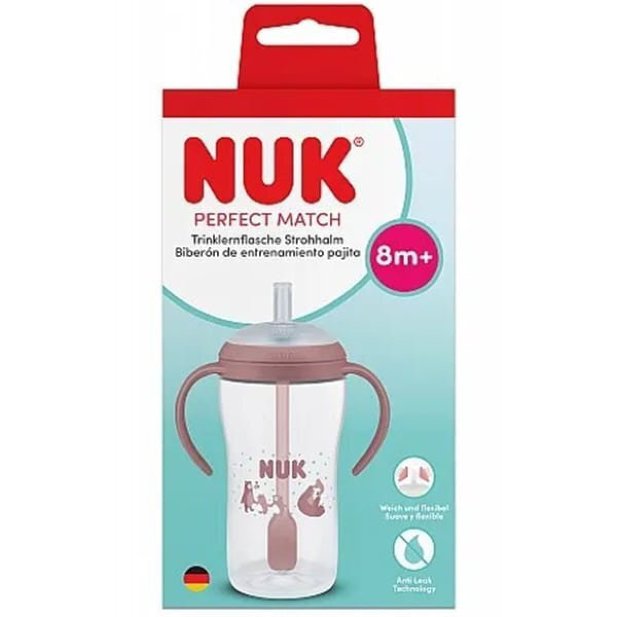Nuk Perfect Match Εκπαιδευτικό Ποτήρι με Καλαμάκι Σιλικόνης 8m+ Αρκούδα Ροζ 260ml