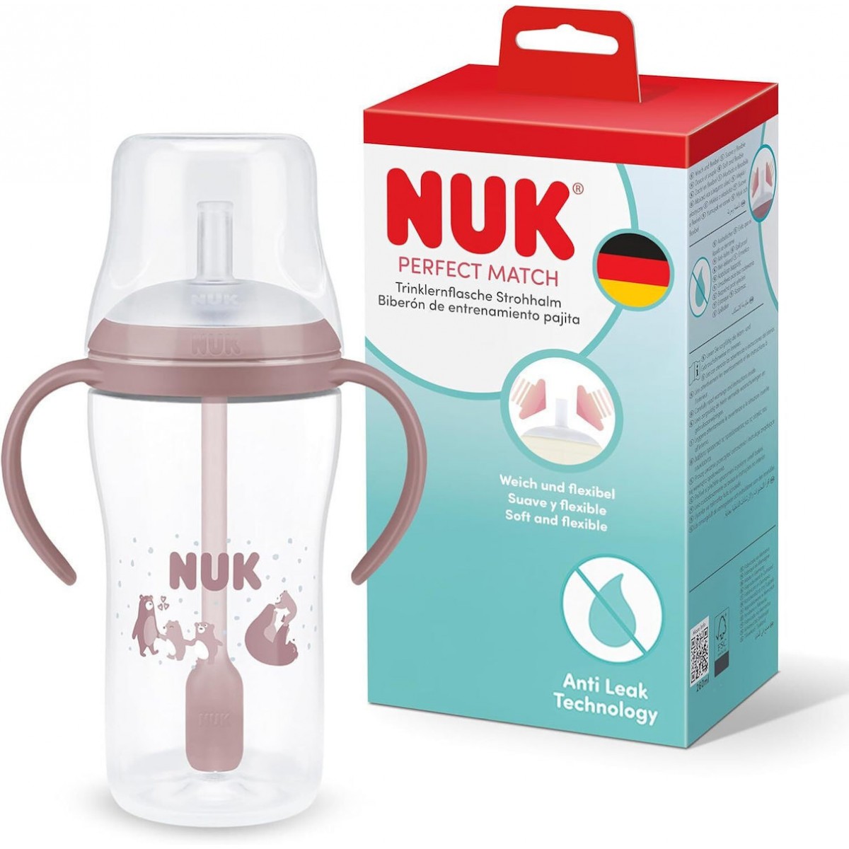 Nuk Perfect Match Εκπαιδευτικό Ποτήρι με Καλαμάκι Σιλικόνης 8m+ Αρκούδα Ροζ 260ml
