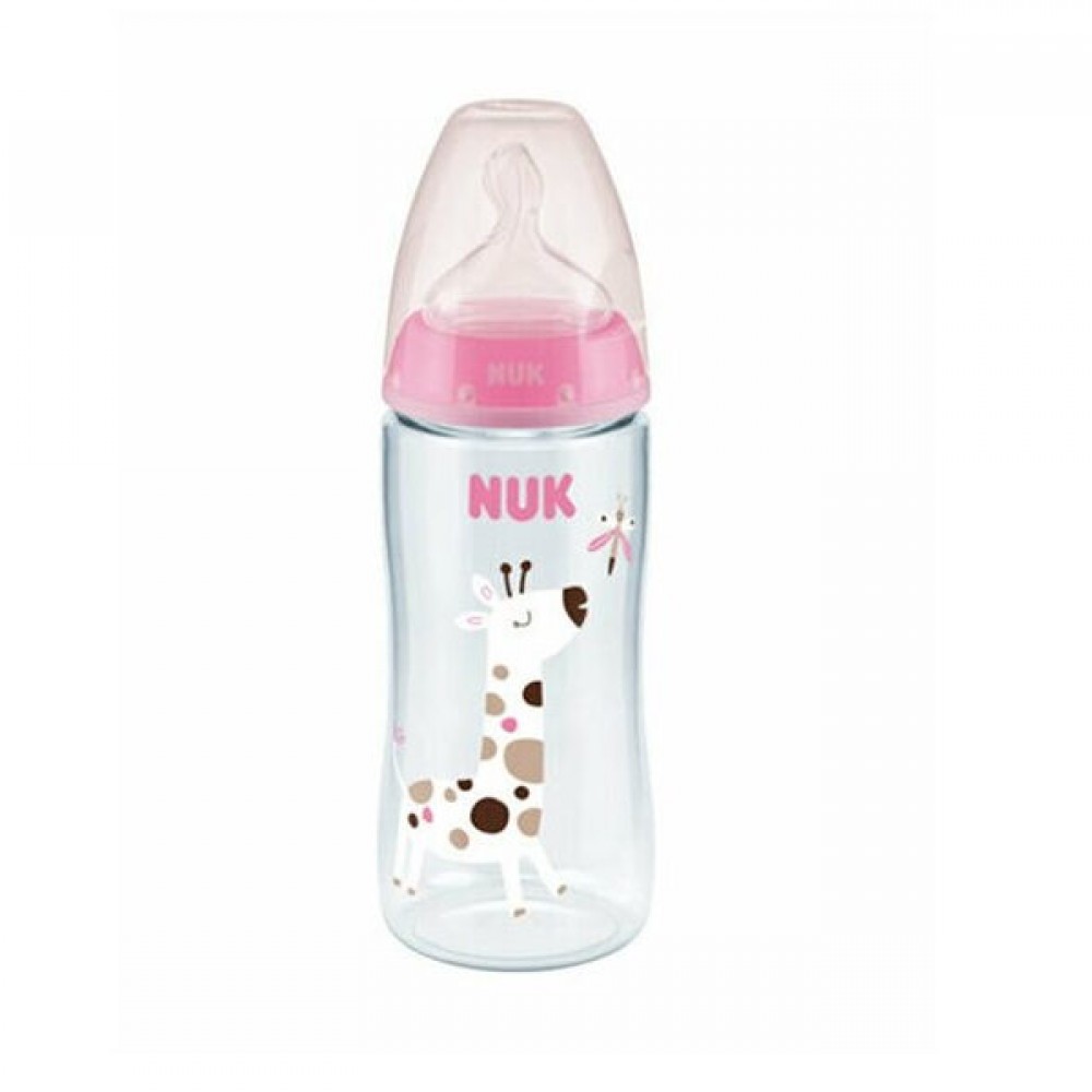 Πλαστικό Μπιμπερό First Choice Plus 6-18m 360ml με Θηλή Σιλικόνης XL και Δείκτη Ελέγχου Θερμοκρασίας Pink Giraffe NUK