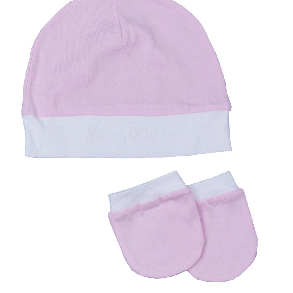 Σετ Σκουφάκι & 2 Γαντάκια Ροζ-Λευκό-Ύφασμα Ζέρσεϋ